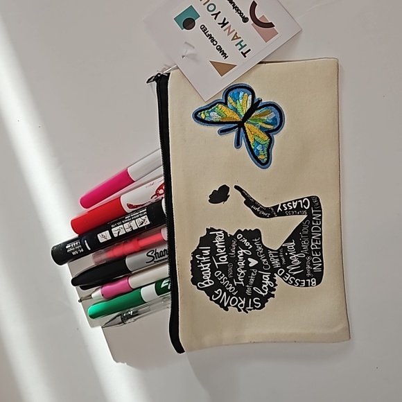 Hand Crafted makeup bag Canvas Pencil case Iron applique Handmade Travel purse - Picture 11 of 17